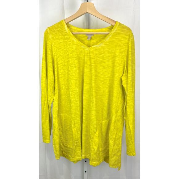 LOGO by Lori Goldstein Distressed Cotton Top w Embroidery Key Lime Yellow Size L - Picture 1 of 10